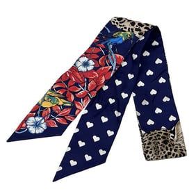 Hermes Hermès Jungle Love Twilly Scarf/Muffler, Women's, Silk, Navy Blue, Multicolor, Heart Print,