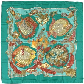 Hermes Hermès Carré 90 Grands Fonds Deep Sea Scarf, Women's Silk, Green, Multicolor, Large, Fish,