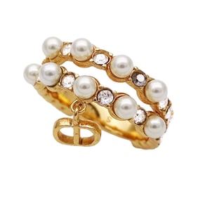 Christian Dior Dior Women's Ring, Size 10, Gold with Faux Pearl and CD Logo, Rhinestones
