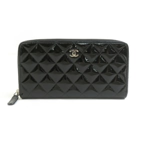 CHANEL Round Long Wallet in Patent Leather, Black and Silver, Women's, 56360a