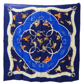 Hermes Hermès LA CLE des CHAMPS Carré 90 Scarf, Women's, Silk, Navy Blue, Large, Bird, Flower