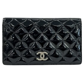 Chanel Brilliant Women's Long Wallet, Enamel, Black, Silver Hardware, Matelasse, Coco Mark