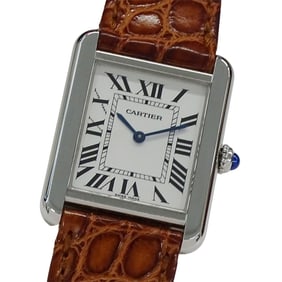 Cartier Tank Solo SM Quartz Watch for Women, W1018255, Stainless Steel, Leather, Silver, Brown,
