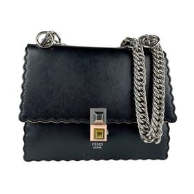 Fendi Canai Shoulder Bag in Leather, Metal, Black, and Silver, Women's, Z6848