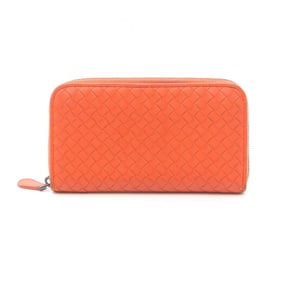 Bottega Veneta Intrecciato Leather Round Long Wallet for Women, Orange, 114076