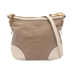 Prada Logo Jacquard Shoulder Bag in Canvas and Leather, Beige/Ivory, BT867A