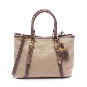 Prada Logo Jacquard Handbag in Canvas and Leather, Beige/Brown