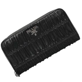 Prada Round Long Wallet ec-22237 Black 1M0506 Leather 197A PRADA Pleated Women's Men's Metal