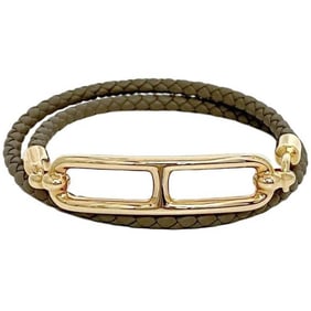 Hermes Bracelet Double Tour f-22268 Beige Vert Veronaise Blue Leather Swift Yellow Gold Plated