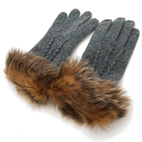 FENDI Gloves Wool Leather Fur Blue Gray Brown
