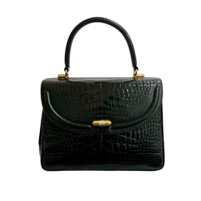 GUCCI Vintage Turnlock Crocodile-Embossed Leather Handbag in Black (38216)