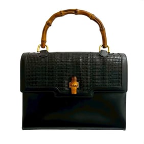 GUCCI Old Gucci Vintage Turnlock Bamboo Leather Handbag Tote Bag Black 00034