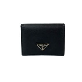 PRADA Prada Triangle Logo Hardware Saffiano Leather Bi-fold Mini Wallet Black 10314