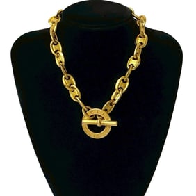 CELINE Vintage Triomphe Circle Logo Toggle Necklace Pendant Choker Gold 1065d
