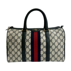 GUCCI Vintage Sherry Line GG Logo Leather Handbag/Mini Boston Bag, Navy Blue, 87881