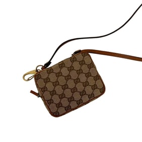 GUCCI GG logo all-over canvas and leather mini shoulder bag/pouch/sacoche pouch in brown (26218)