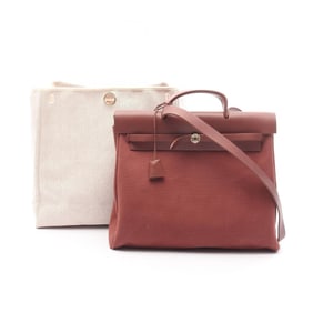 Hermes Hermès Air Bag MM Handbag, Leather Canvas Vache Hunter Toile H, Women's, Brown