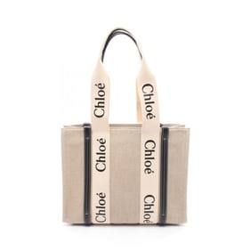 Chloé Chloe WOODY Medium Tote Bag, Canvas and Leather, Women's, Beige Black