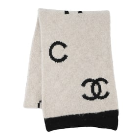 CHANEL scarf/stole with Coco Mark, camellia pattern, wool, cashmere, reversible, black