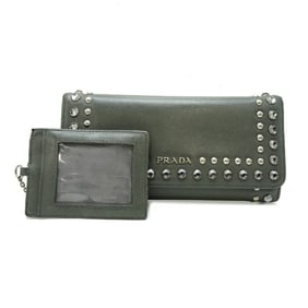 Prada Jeweled Round Long Wallet, Women's, Saffiano Leather, Gray