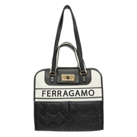 Salvatore Ferragamo Gancini Iconic AU-21 1418 Women's Leather Handbag,Tote Bag Black,White