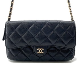 Chanel Chain Shoulder Bag with Flap Phone Case, Matelasse Coco Mark, Caviar Skin, AP2096, Black