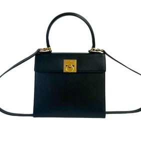 CELINE Vintage Logo Ring Hardware Leather 2-Way Handbag/Shoulder Bag Black 964-6