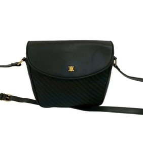 CELINE Vintage Triomphe Logo Hardware Leather Shoulder Bag/Pochette/Sacoche Black 24259