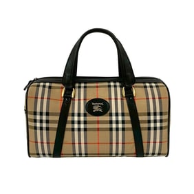 Burberry Nova Check Shadow Horse Logo Canvas and Leather Boston Bag in Beige Black (38799)