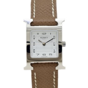 Hermès H Watch PM Women's White Dial Wristwatch with Silver Hardware and Leather Strap, Quartz