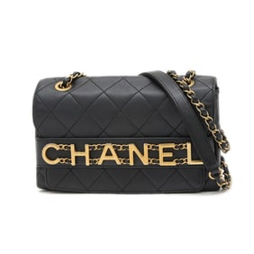 Chanel Matelasse Logo Chain Shoulder Bag in Black Lambskin with Gold Hardware AS4190