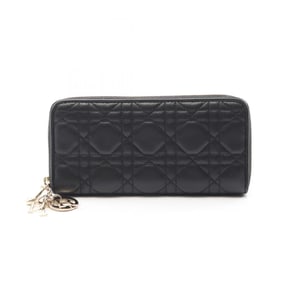 Christian Dior Dior Lady Cannage Round Long Wallet, Leather, Women's, Black