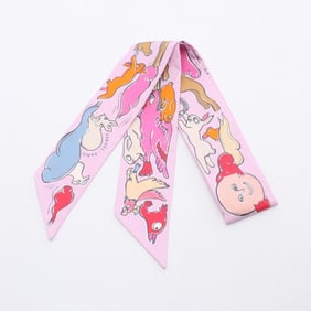 Hermes Hermès Twilly "MILLE ET UN LAPINS" Silk Scarf for Women in Multicolored Pink