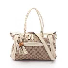Gucci Bella Bamboo GG Canvas Tote Bag, and Leather, Women's, Beige White, 282300