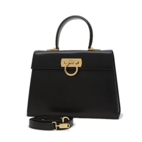 Salvatore Ferragamo Ferragamo Gancini Hand Shoulder Bag in Black Box Calf with Gold Hardware