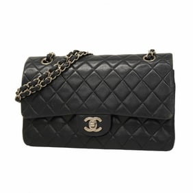Chanel Matelasse Shoulder Bag with Double Flap and Chain, Lambskin, Black, Women's, P1370171