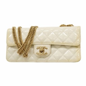 Chanel Matelasse Shoulder Bag with Chain in Patent Leather, White, Champagne, Women's, P1366540