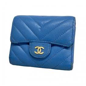 Chanel Tri-fold Wallet with V-Stitching, Caviar Leather, Blue Champagne, Women's
