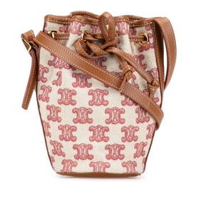 Celine Triomphe Shoulder Bag in Beige, Red, and Brown Canvas Leather for Women.