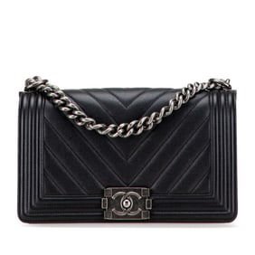 CHANEL Boy Chanel Chevron Coco Mark Chain Shoulder Bag Handbag Black Silver Caviar Skin Women's