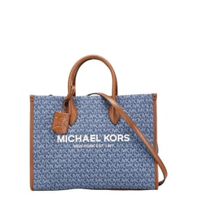 Michael Kors MK Signature Tote Bag/Shoulder Bag, 2-Way, Blue/Brown Canvas and Leather, Women's