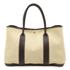 HERMES Garden PM Tote Bag, Handbag, Toile H Canvas, Beige and Dark Brown Leather, Stamp