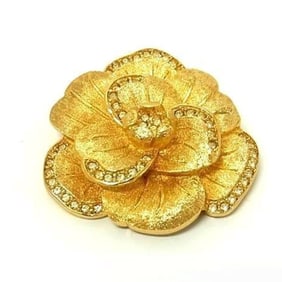 Christian Dior Brooch Pin - Gold Metal Rhinestone Flower Motif for Women