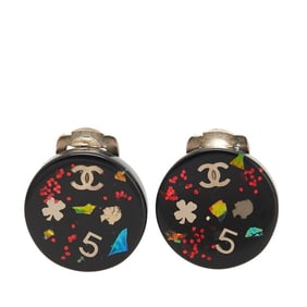 CHANEL Coco Mark Mademoiselle Clover 5 Round Earrings in Black and Multicolored Plastic with Plated