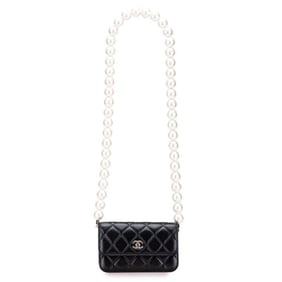 Chanel Matelasse Coco Mark Chain Wallet AP1839 Black Lambskin with Faux Pearls, Women's