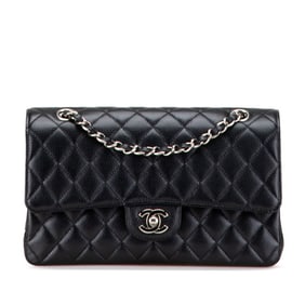 CHANEL Matelasse Coco Mark Double Flap Chain Shoulder Bag Handbag in Black and Silver Caviar Skin