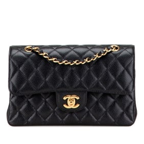 CHANEL Matelasse Coco Mark Double Flap Chain Shoulder Bag in Black with Gold Hardware and Caviar