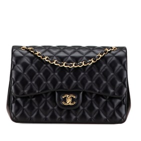 CHANEL Matelasse Coco Mark Double Flap Chain Shoulder Bag Handbag Black Lambskin Women's