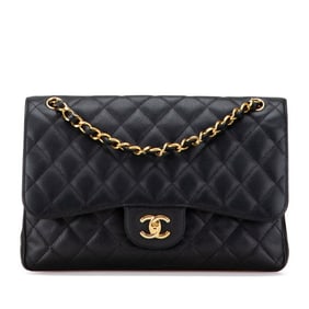 CHANEL Matelasse Coco Mark Double Flap Chain Shoulder Bag Handbag Black Caviar Skin Women's