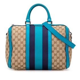 Gucci GG Canvas Mini Boston Bag/Shoulder Bag, 2-Way, 247205, Beige, Blue, Canvas, Leather, Women's,